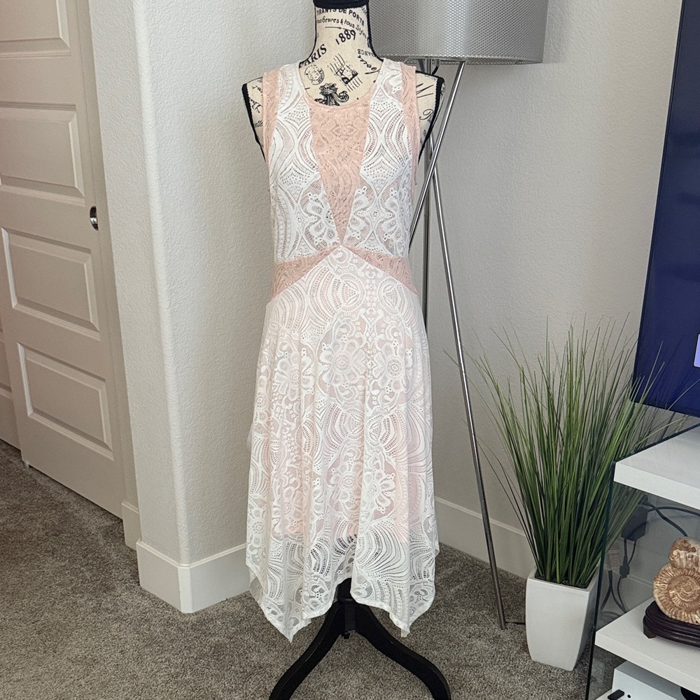 BCBG Elegant Lace Sleeveless Dress in White and Pink